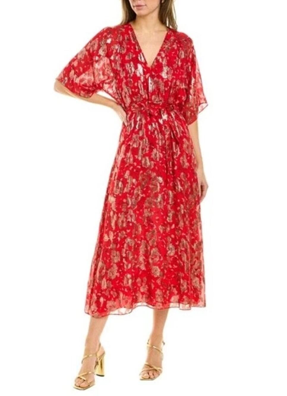 ba&sh Red & Gold Metallic Silk-Blend Floral Midi Dress - Size Small